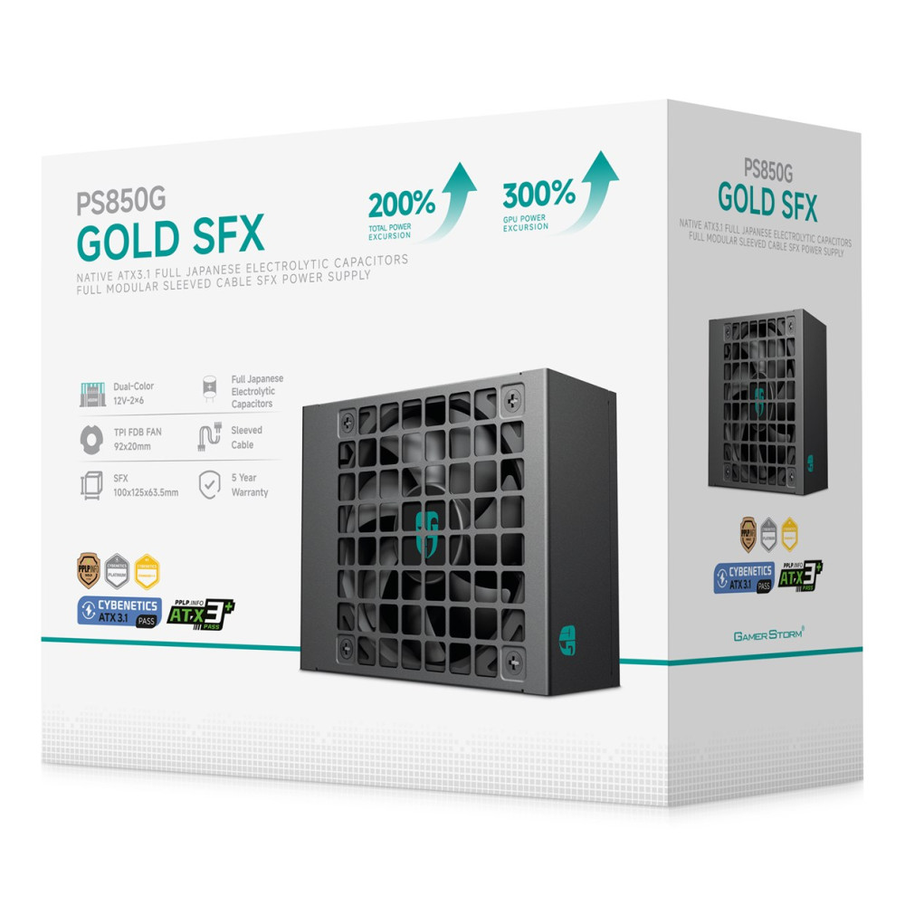 Zasilacz PS850G Gold SFX z modularnymi kablami, japońskimi kondensatorami i wentylatorem FDB.