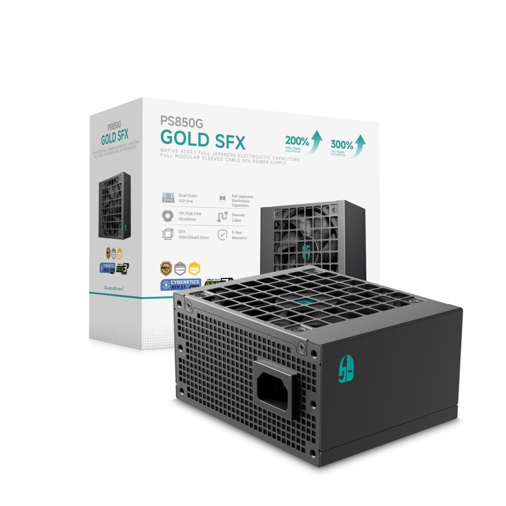 Czarny zasilacz PS850G Gold SFX obok pudełka. Zawiera japońskie kondensatory.