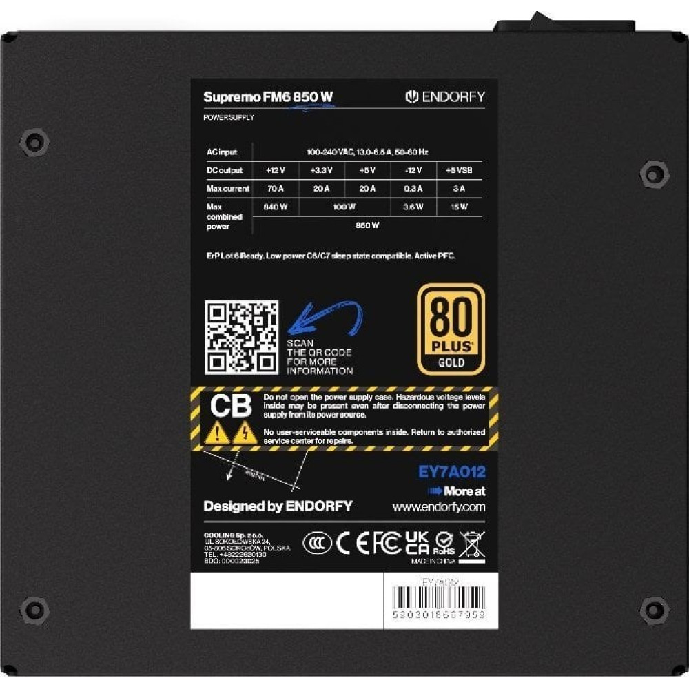 Un alimentatore Endorfy Supremo FM6 850W con certificazione 80 Plus Gold.