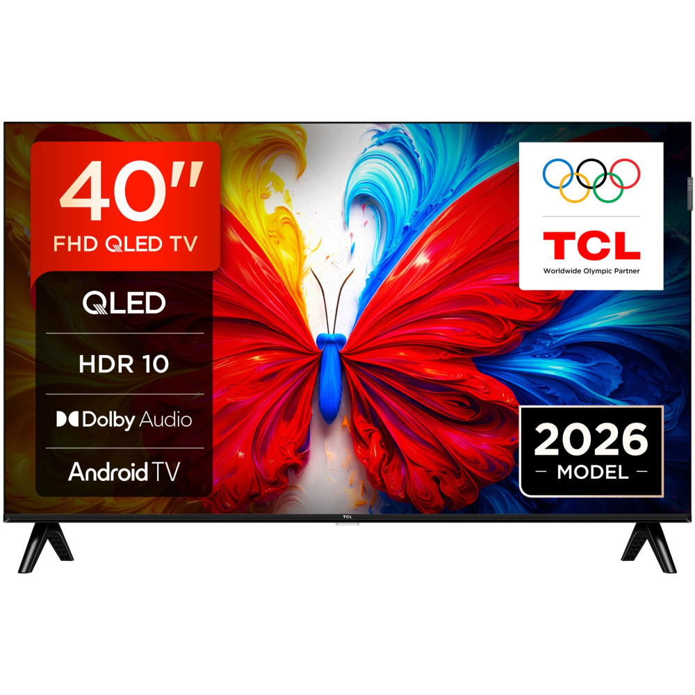 Telewizor TCL 40-calowy FHD QLED wyświetla żywy obraz motyla. Funkcje: QLED, HDR 10, Dolby Audio, Android TV.