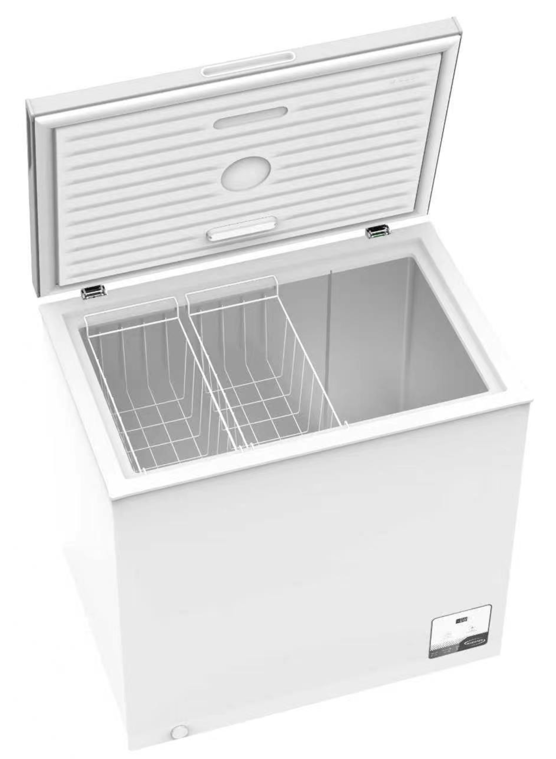 Ein offener weißer Gefrierschrank mit zwei Drahtkörben im Inneren.