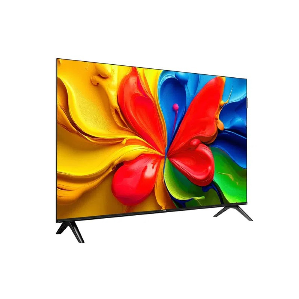 Nowoczesny telewizor z kolorowym wzorem motyla na ekranie.