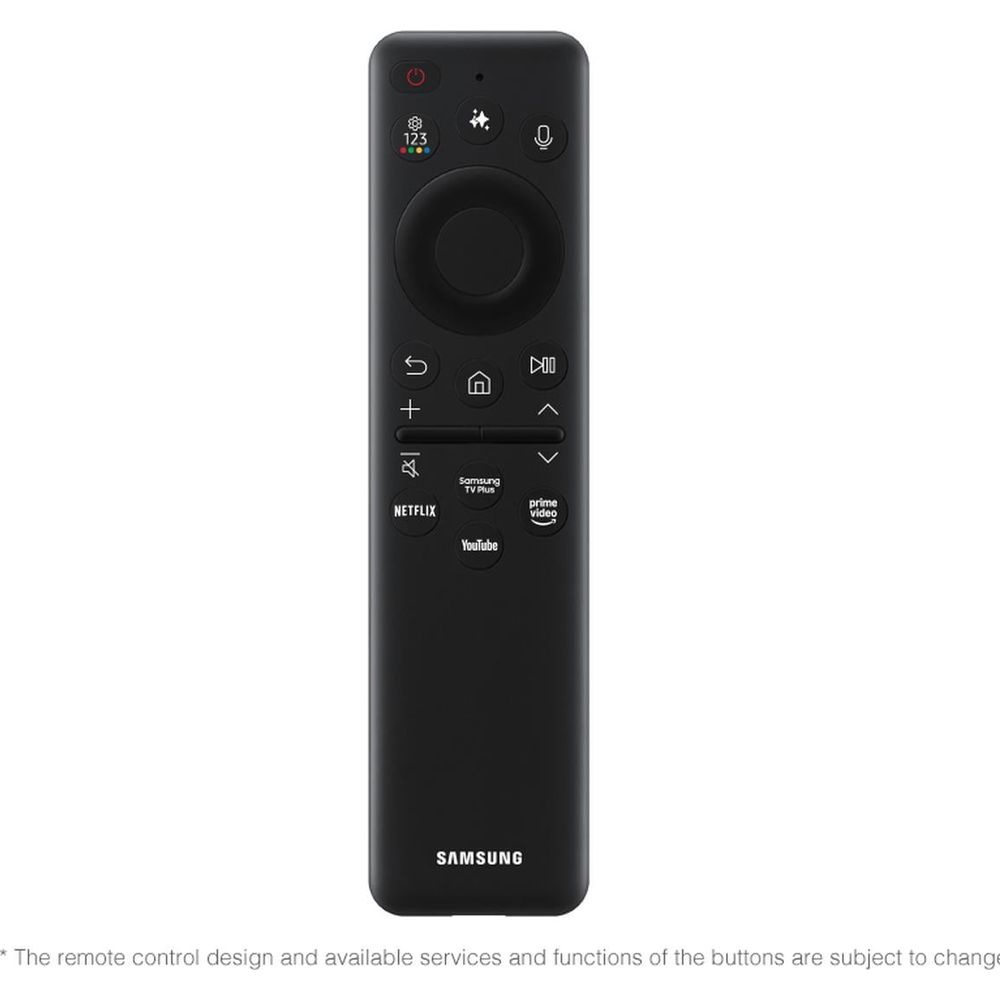 Télécommande Samsung noire avec boutons de navigation et raccourcis d'applications.