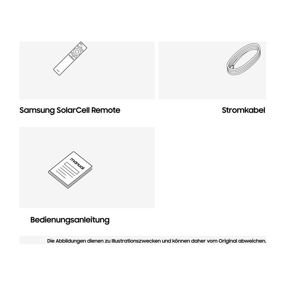 Télécommande Samsung SolarCell, câble d'alimentation et manuel.