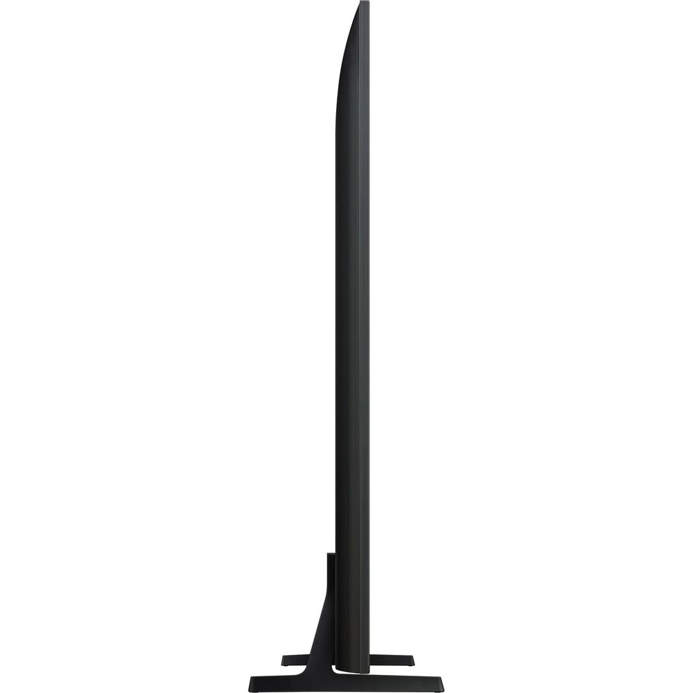 Un téléviseur noir et fin avec un support, vu de côté.