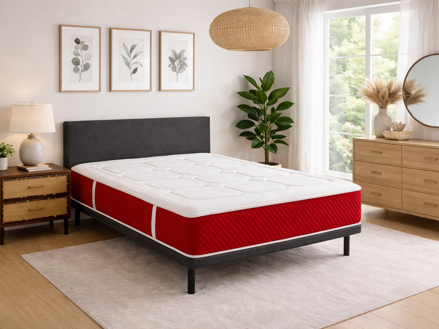 Una cama con colchón rojo, mesita de noche y arte en la pared.