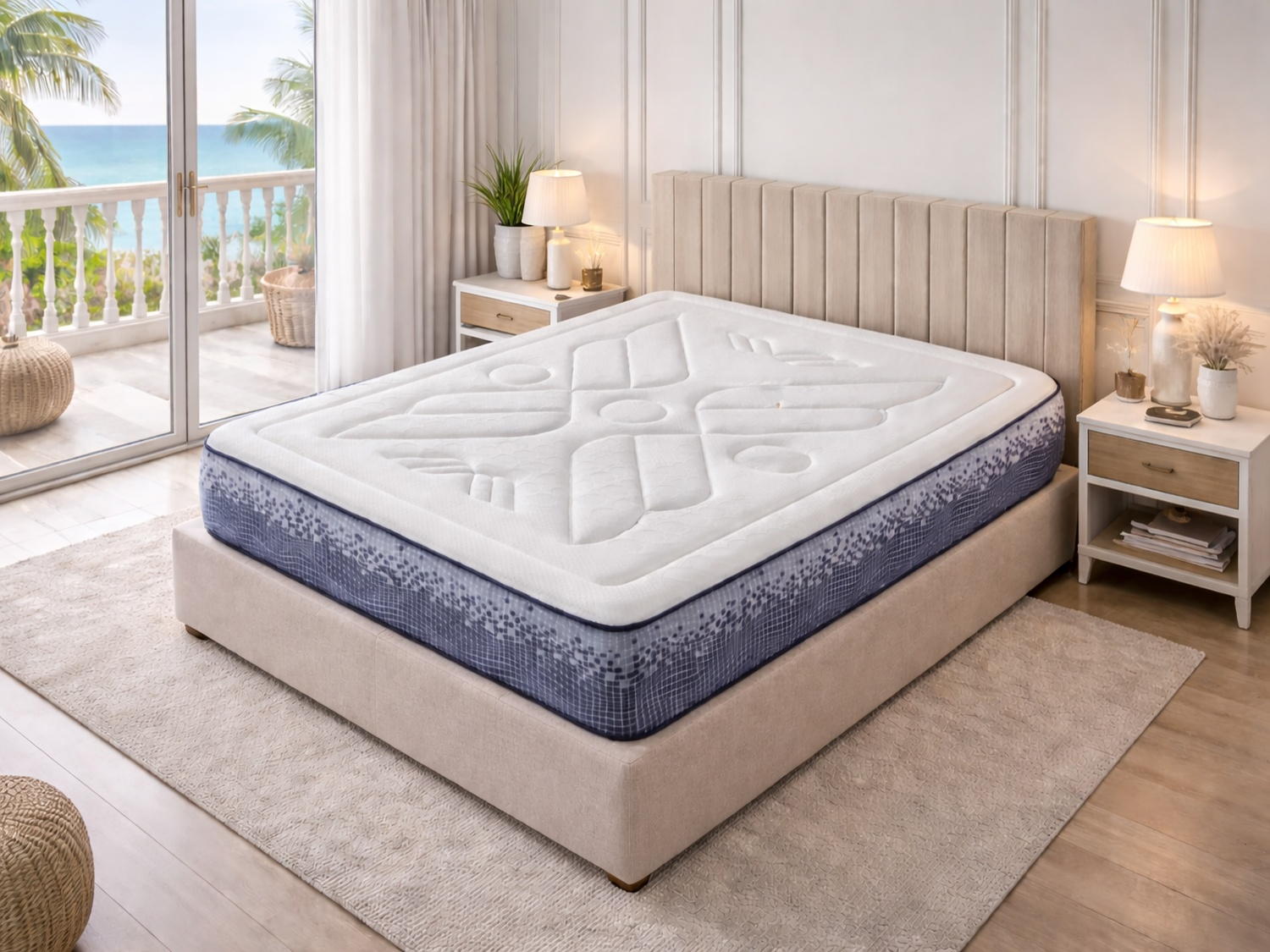 Una cama con colchón blanco y ribete azul, en un dormitorio con balcón y vista al mar.