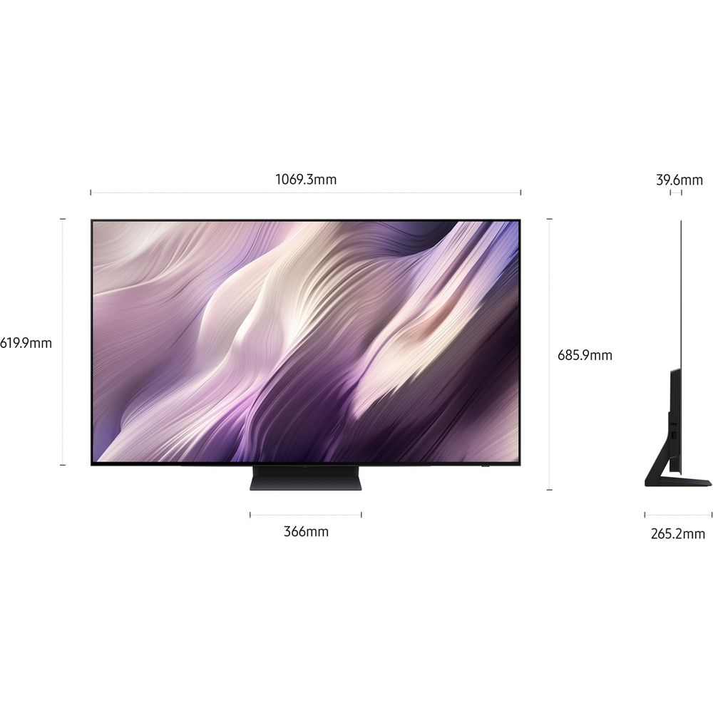 Un téléviseur dont les dimensions sont indiquées. Vue de face : 1069,3 mm L, 619,9 mm H. Vue de côté : 39,6 mm P, 685,9 mm H.