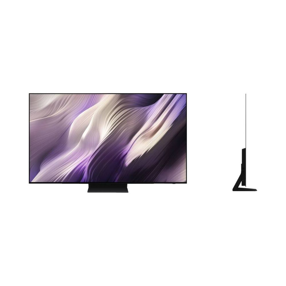 Un téléviseur noir moderne avec des vagues abstraites violettes et blanches à l'écran.