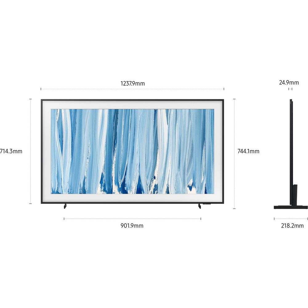 Una TV moderna con arte astratta blu, con dimensioni per larghezza, altezza e profondità.
