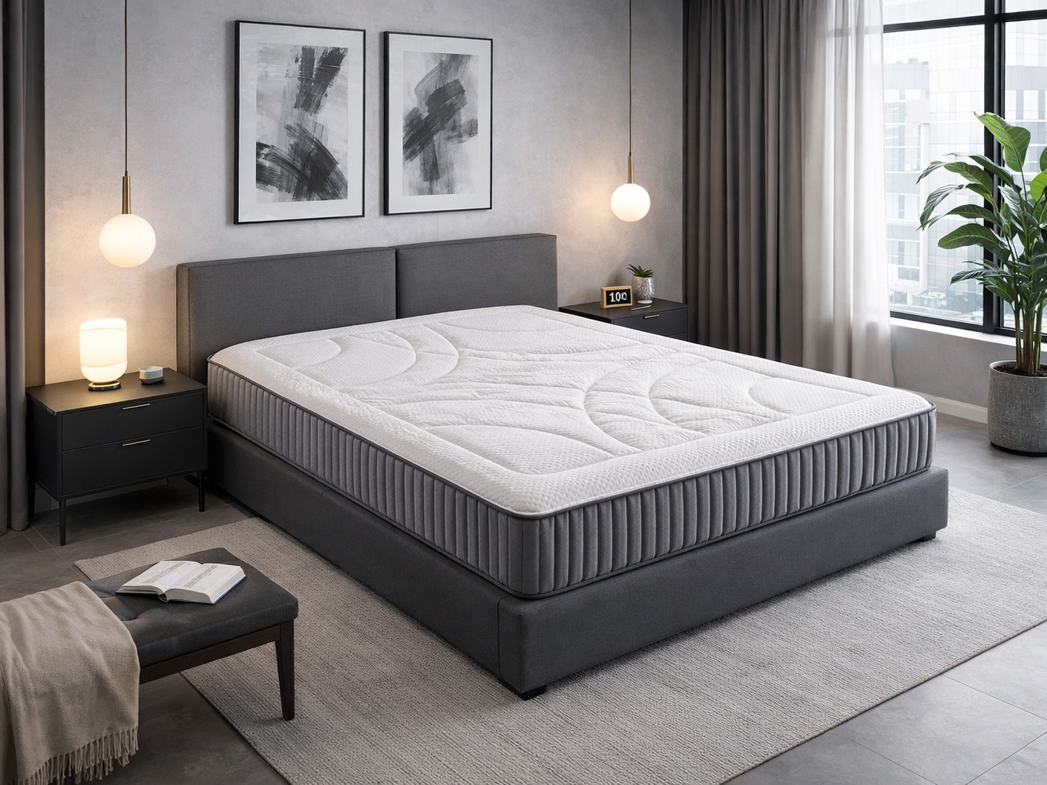 Una cama grande con colchón blanco, mesitas de noche y dos cuadros en la pared.