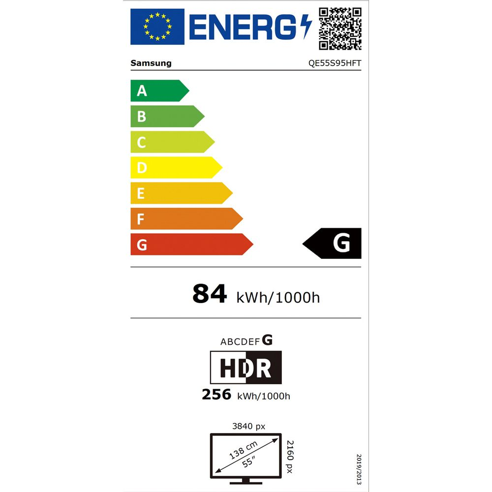 Etichetta energetica TV Samsung: classe G, 84 kWh/1000h, HDR, 55 pollici, 3840x2160px.