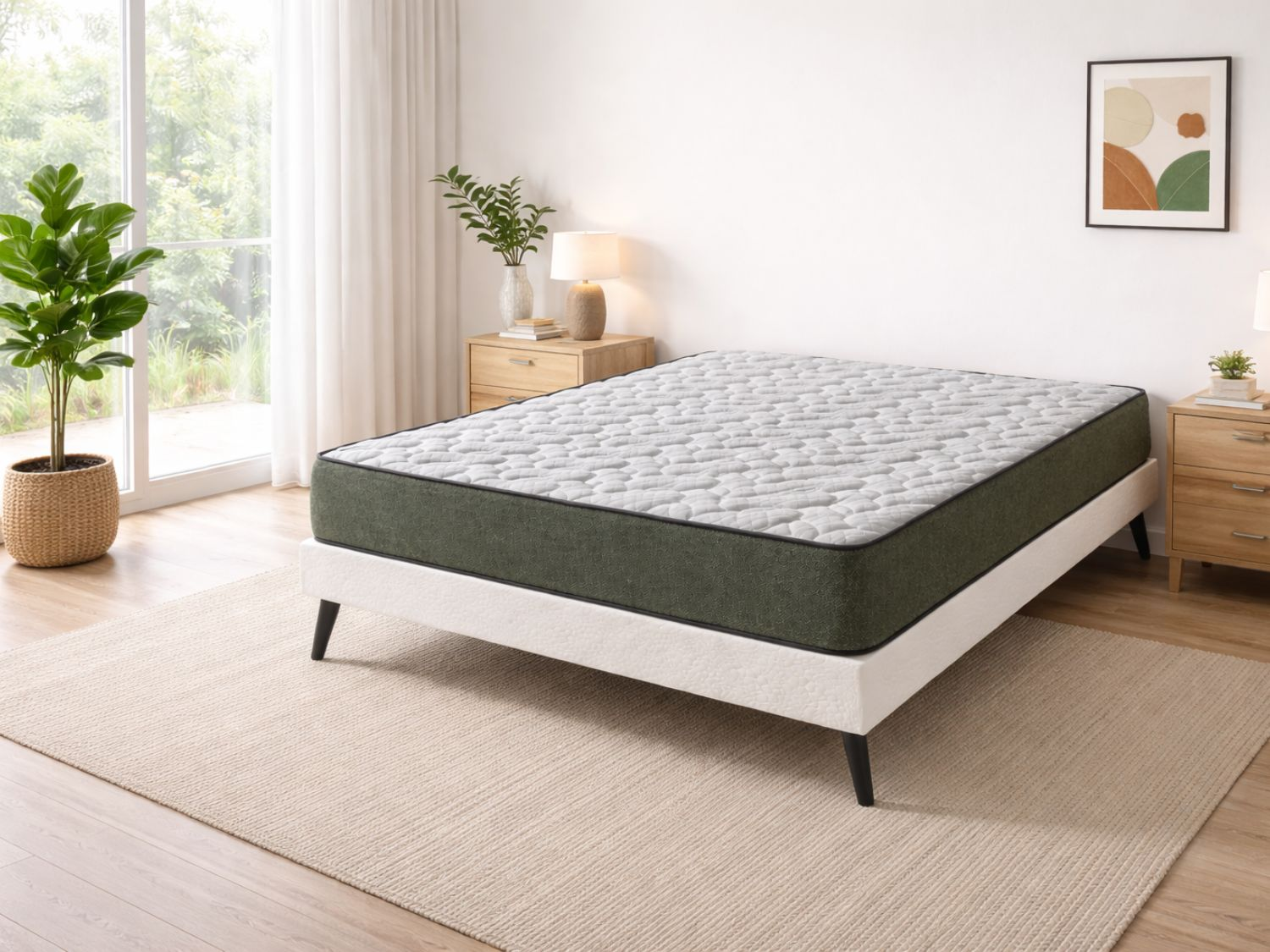 Una cama con colchón en una habitación luminosa con ventana y planta.