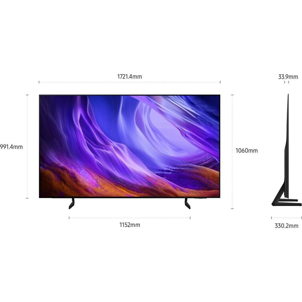 Un grande televisore con dimensioni di 1721,4 mm di larghezza e 1060 mm di altezza.