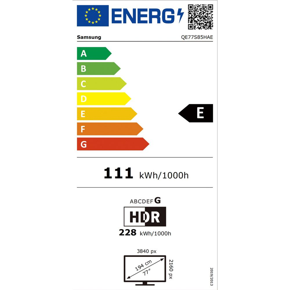 Etichetta energetica TV Samsung: Classe E, 111 kWh/1000h.