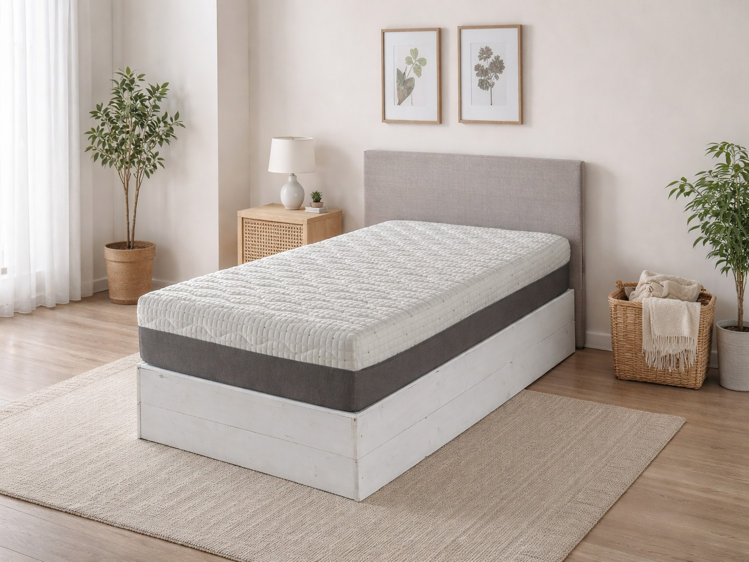Una cama blanca con colchón sobre alfombra. Plantas y cuadros decoran la habitación.