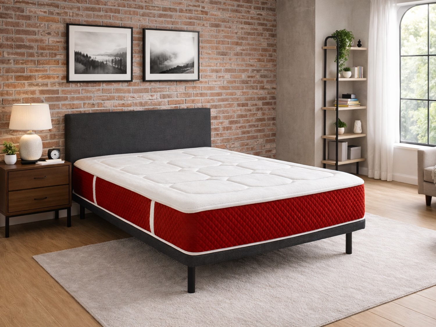Una cama con colchón rojo y tapa blanca descansa sobre una alfombra.