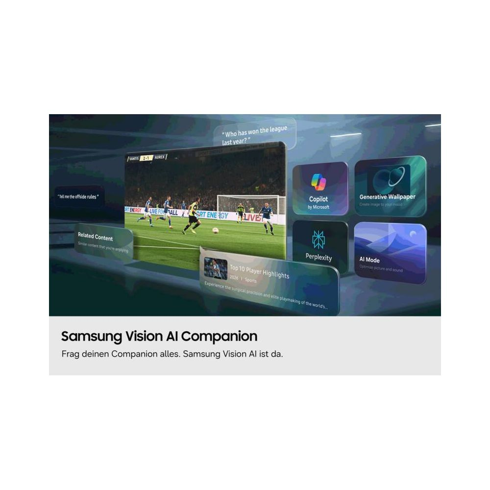 Une TV Samsung affiche un match de football et des fonctionnalités IA comme Copilot et Generative Wallpaper.