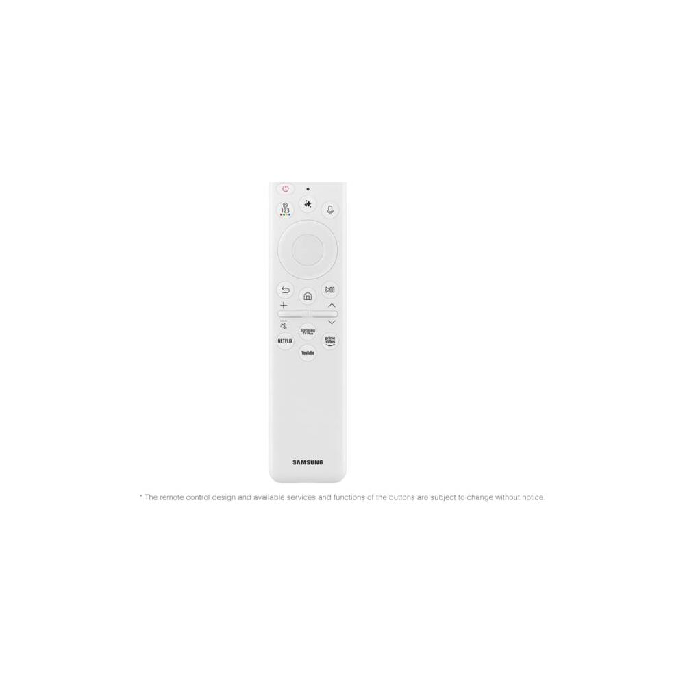 Une télécommande blanche Samsung TV avec des boutons pour Netflix et YouTube.