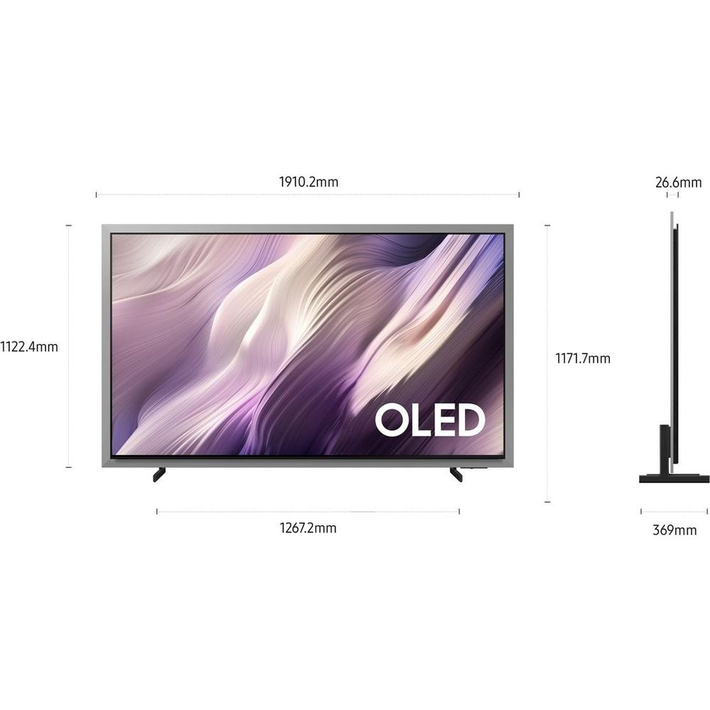 Une TV OLED fine affichant un fond abstrait ondulé. Les dimensions sont indiquées.