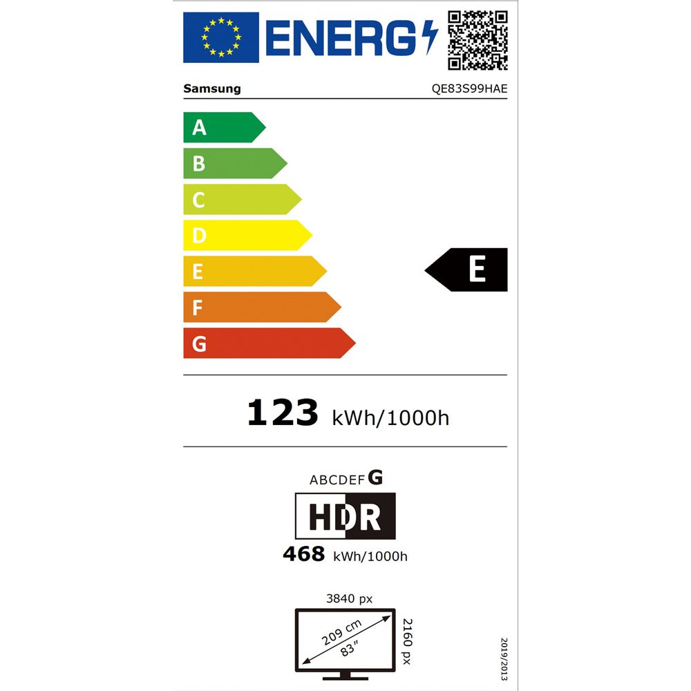 Étiquette énergie TV Samsung : Classe E, 123 kWh/1000h. HDR, 83 pouces.