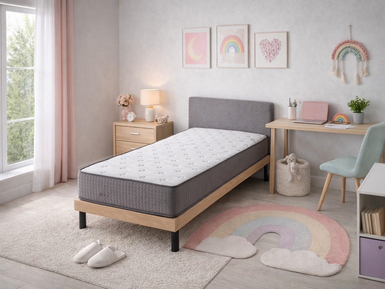 Un dormitorio con cama, escritorio y decoración de arcoíris. Incluye colchón.