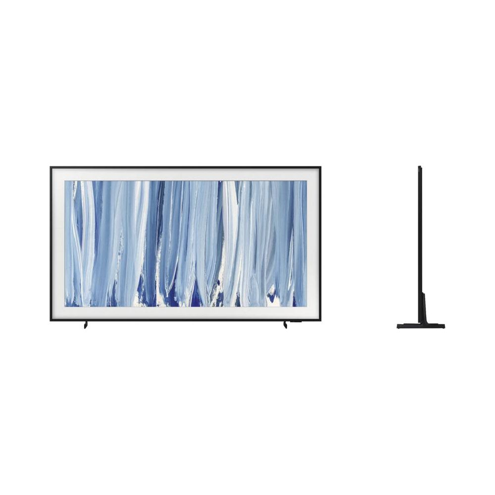 Une TV noire affichant une œuvre d'art abstraite bleue et blanche, avec une vue latérale.