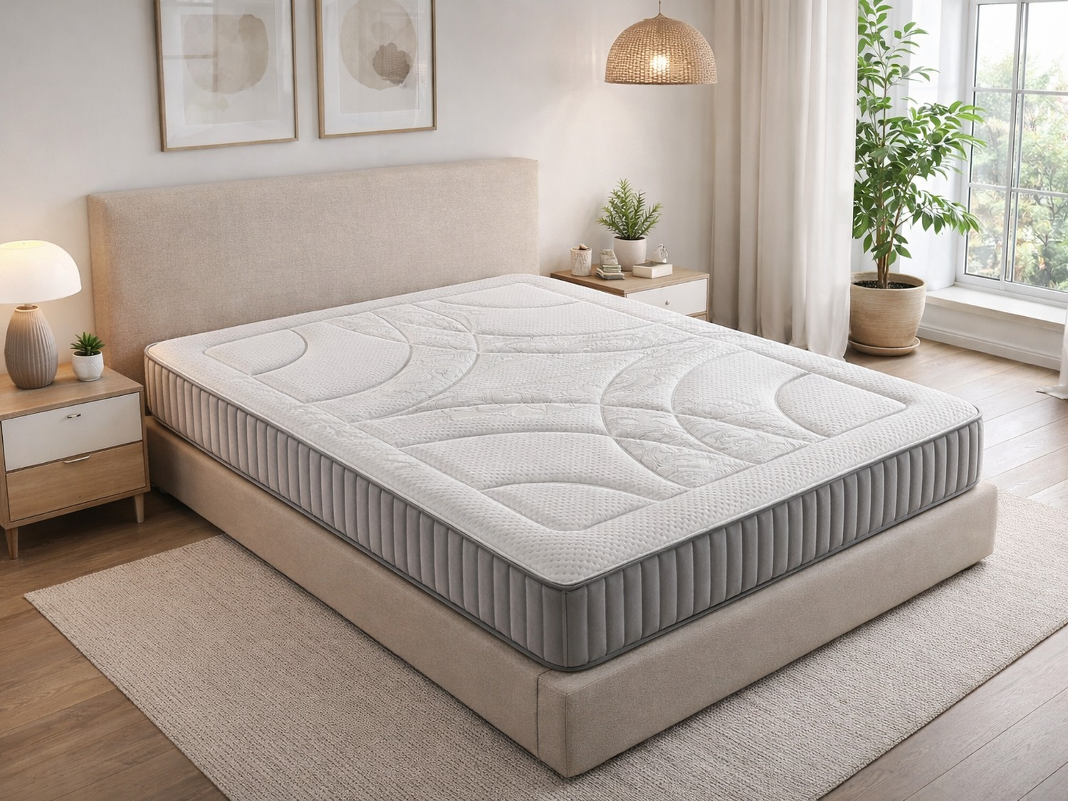 Una cama blanca con colchón, mesitas de noche, lámpara y planta.
