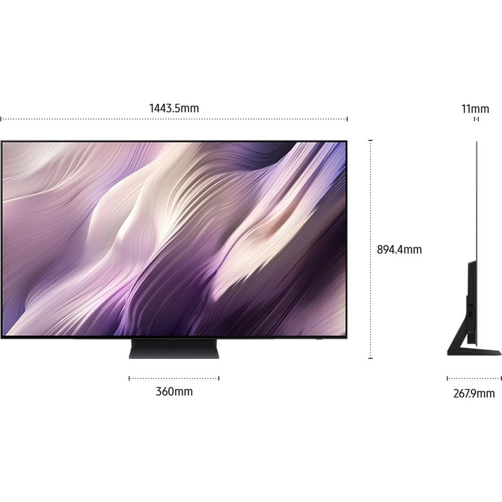 Une TV fine mesurant 1443,5 mm de large, 894,4 mm de haut et 11 mm d'épaisseur.
