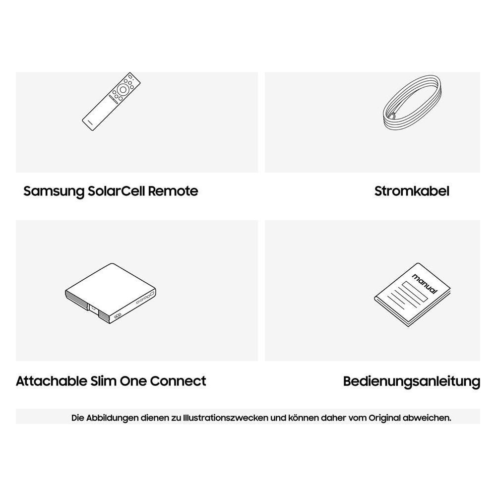 Télécommande SolarCell Samsung, câble d'alimentation, One Connect et manuel.