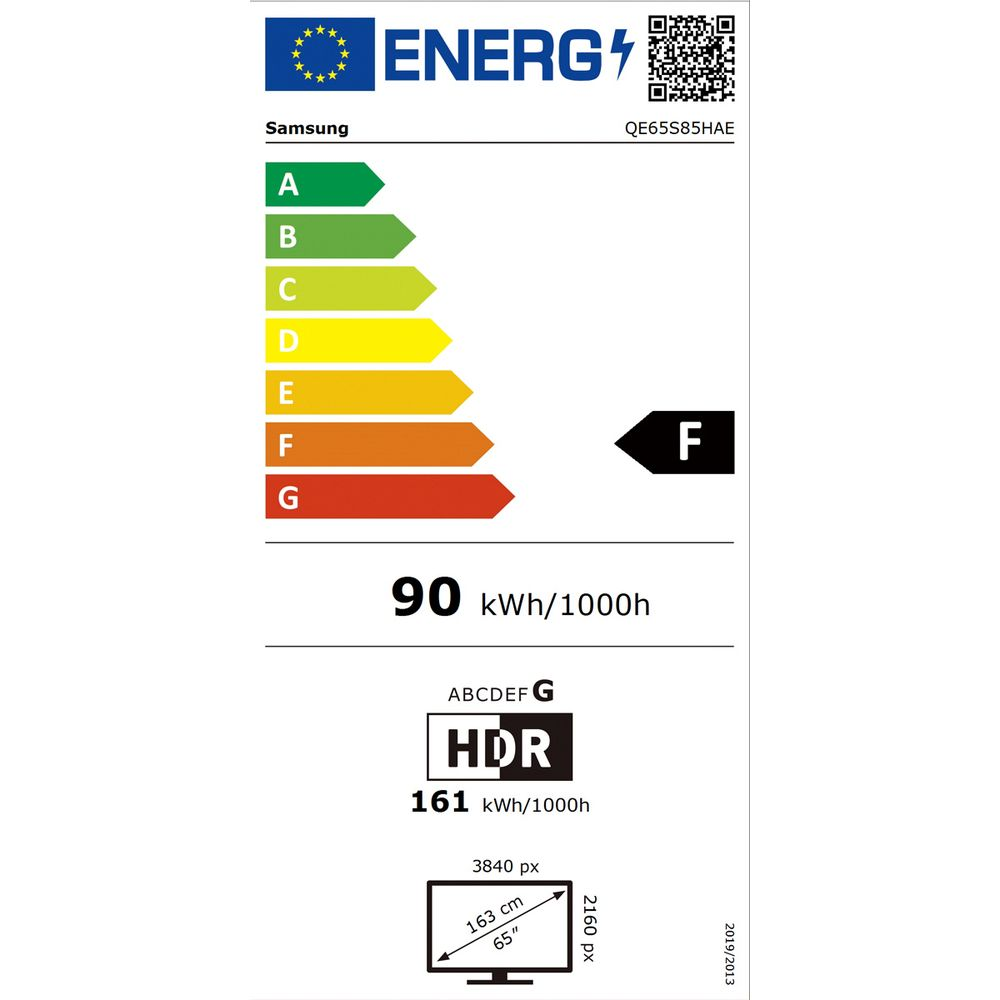 Etichetta energetica TV Samsung, classe F, 90 kWh/1000h.