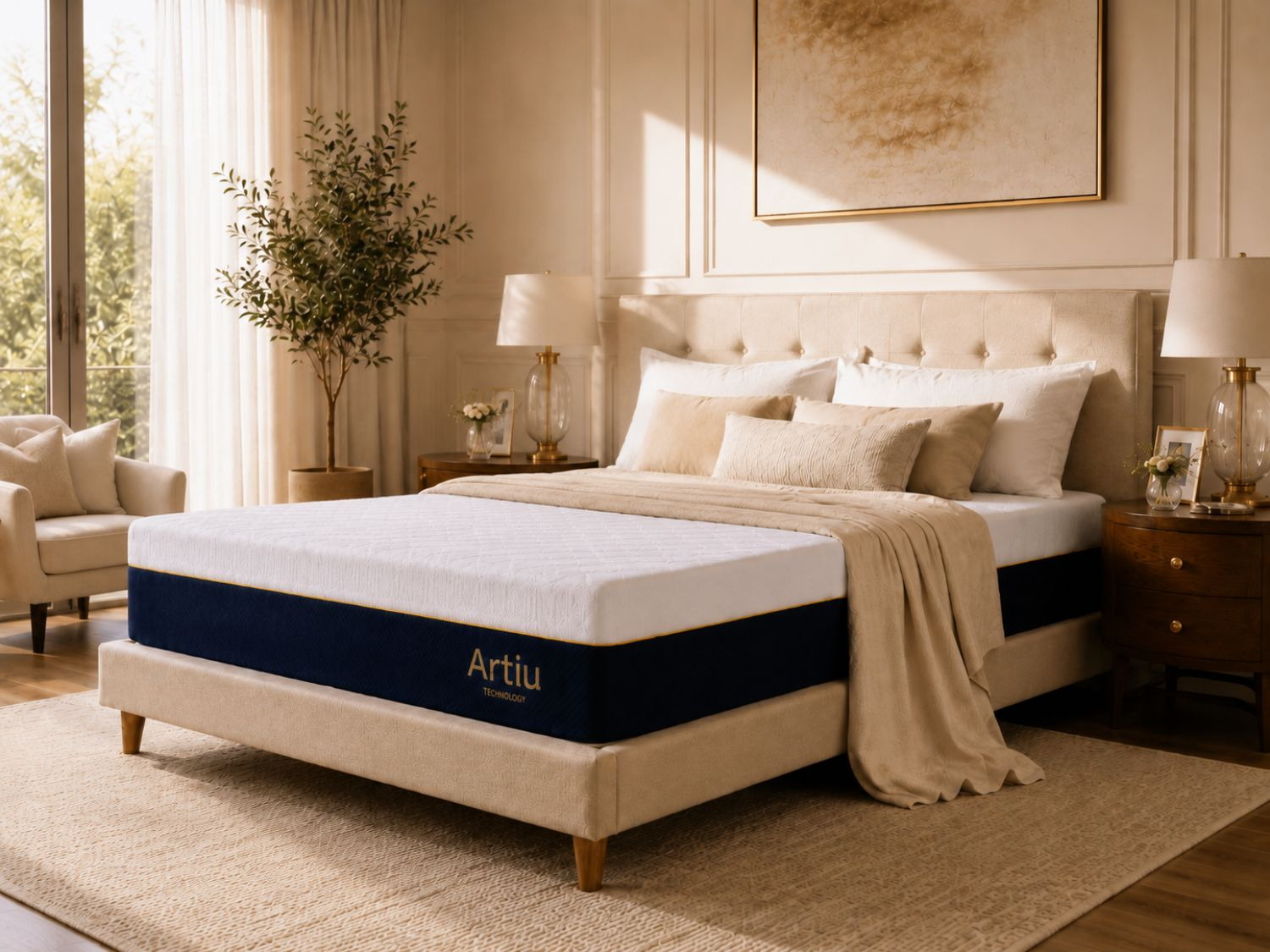 Una cama con colchón y cabecero en un dormitorio luminoso.