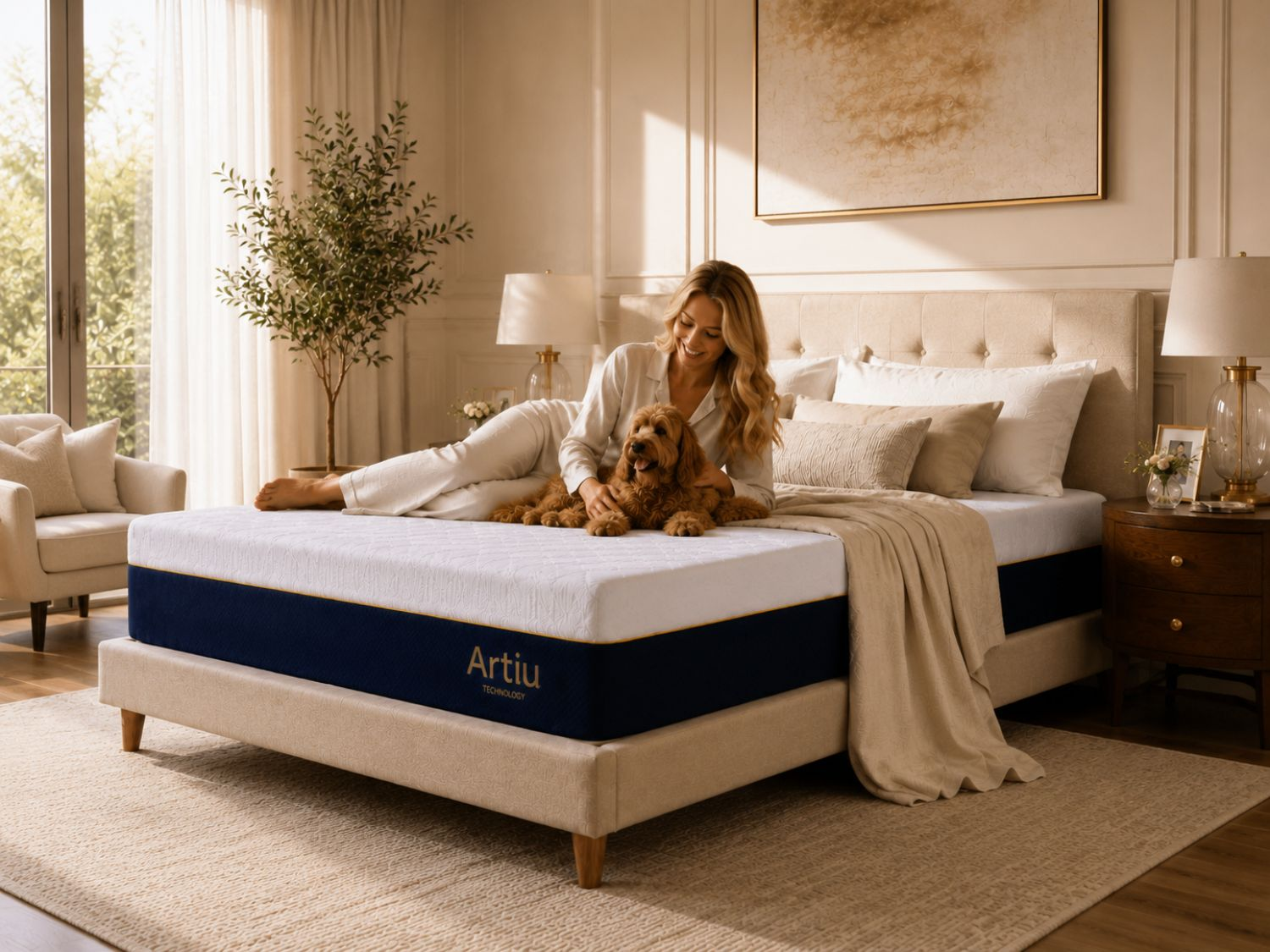 Una mujer y su perro se relajan en una cama con un colchón azul marino.