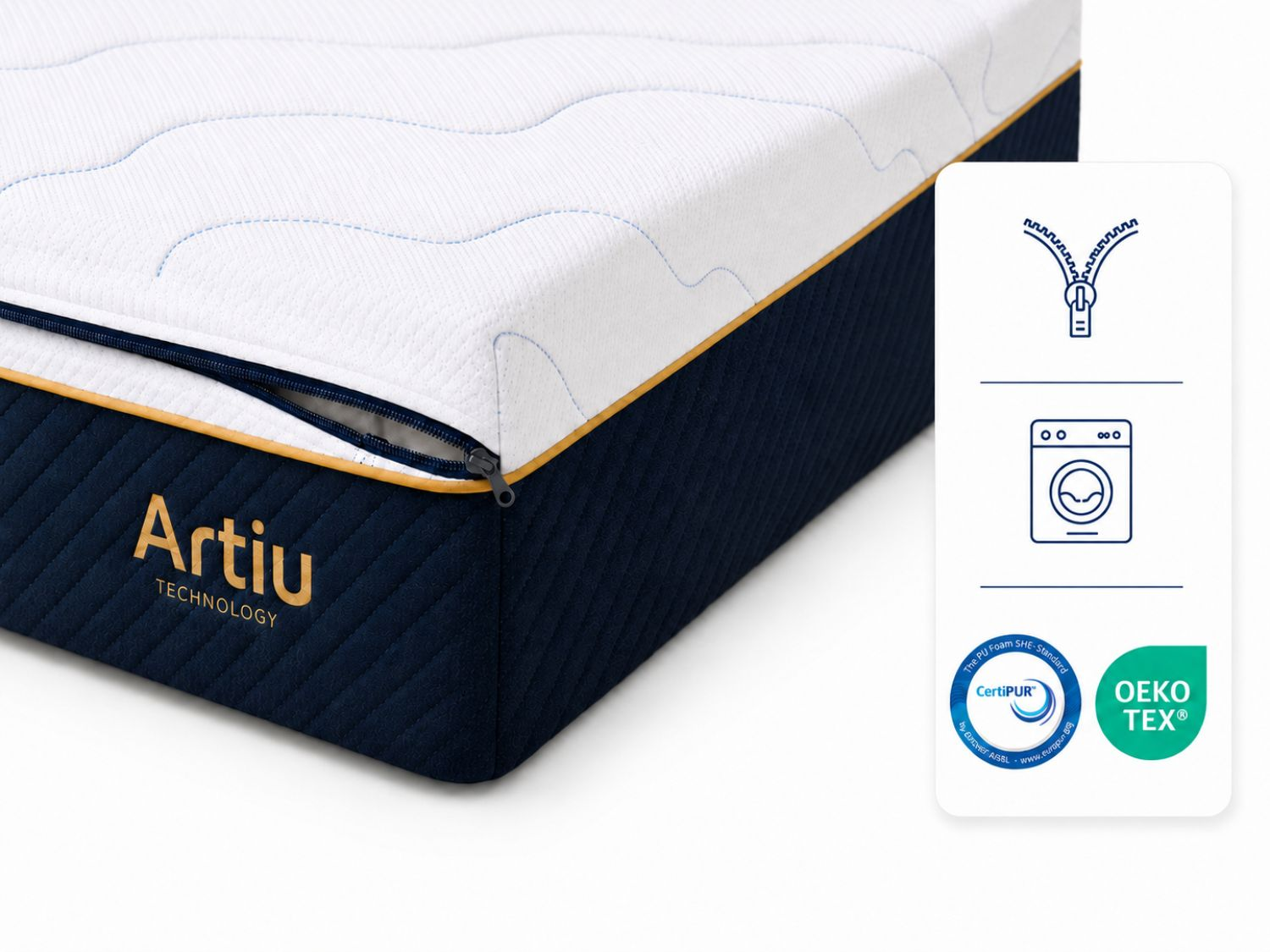 Colchón azul oscuro Artium Technology con cremallera y certificaciones.