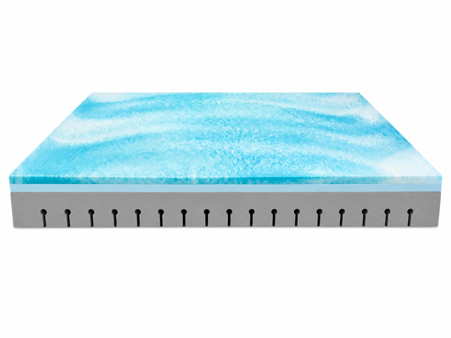 Sección transversal de un colchón con capa superior de gel azul y base gris con ranuras.