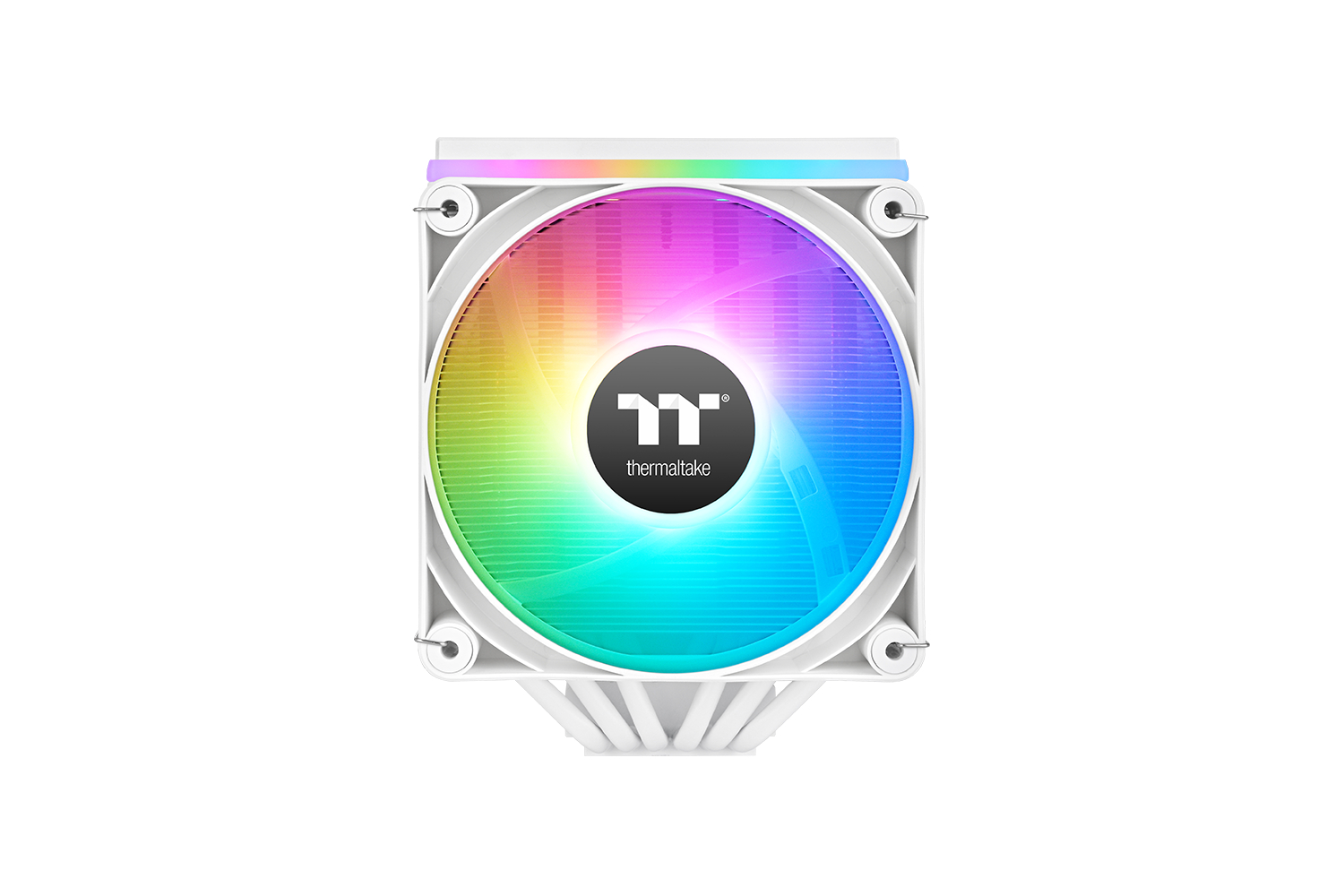 Una ventola bianca per computer con illuminazione RGB e logo Thermaltake.
