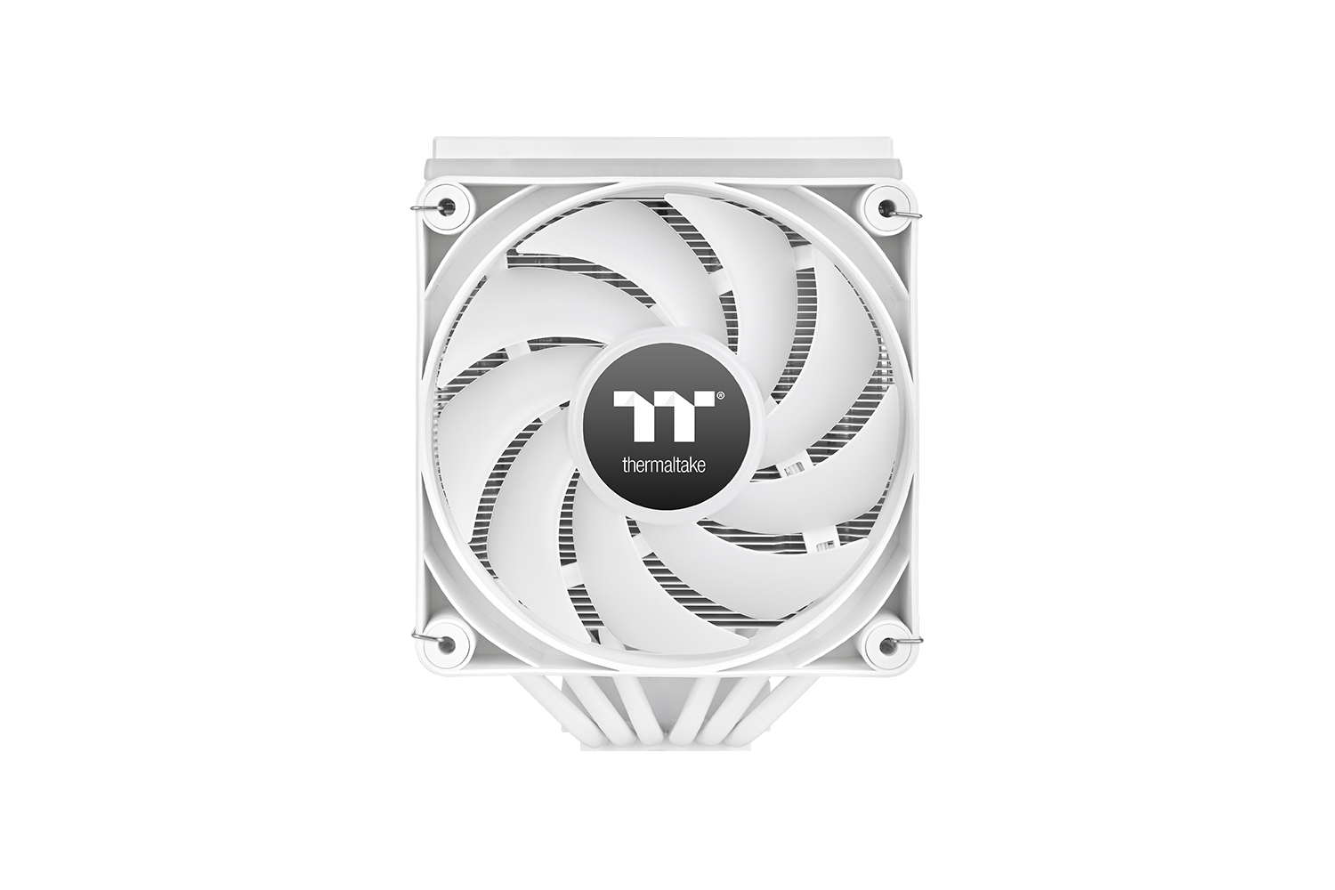 Una ventola bianca per PC con il logo Thermaltake al centro.
