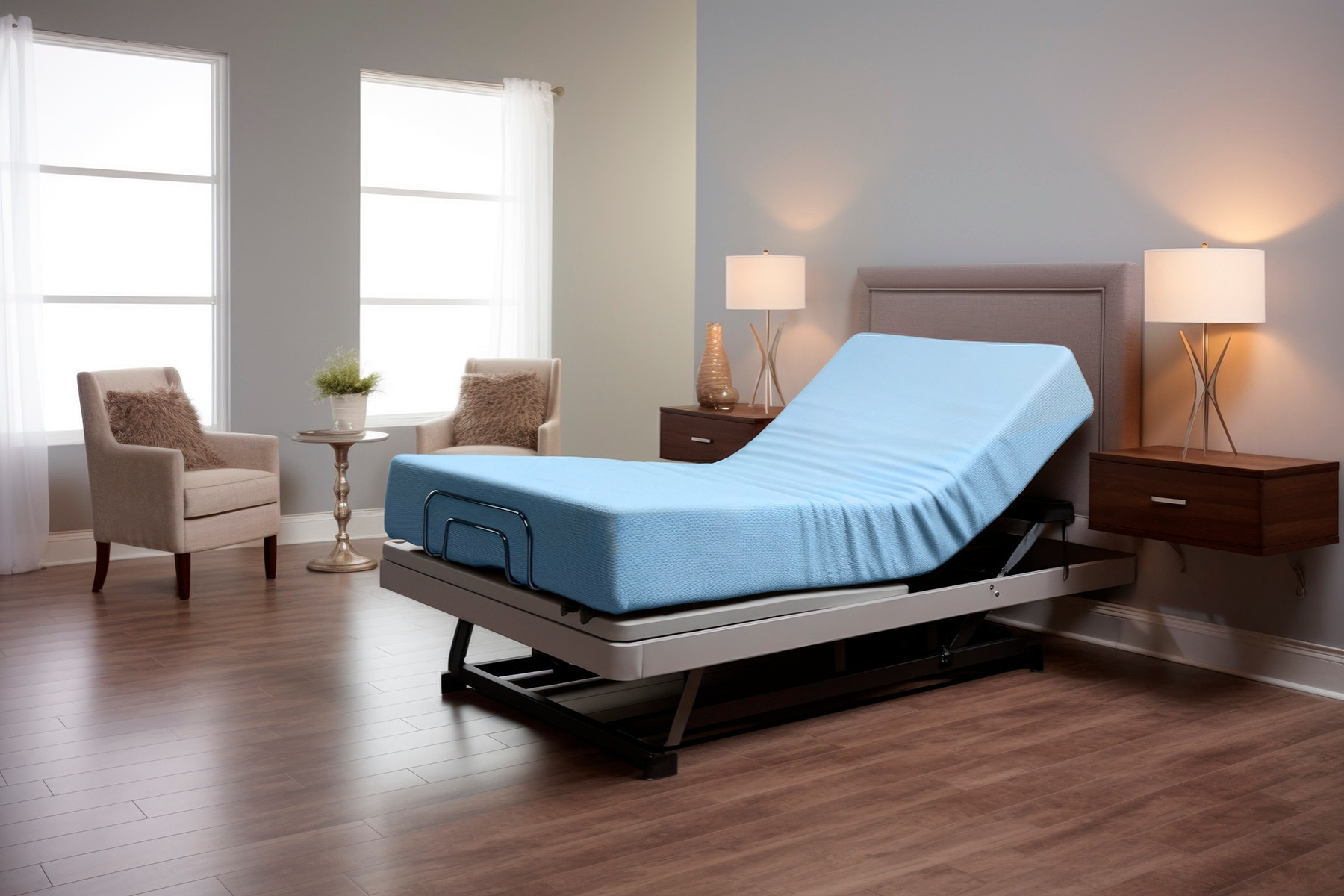 Una cama ajustable con ropa de cama azul se encuentra en una habitación con dos sillones y mesitas de noche.