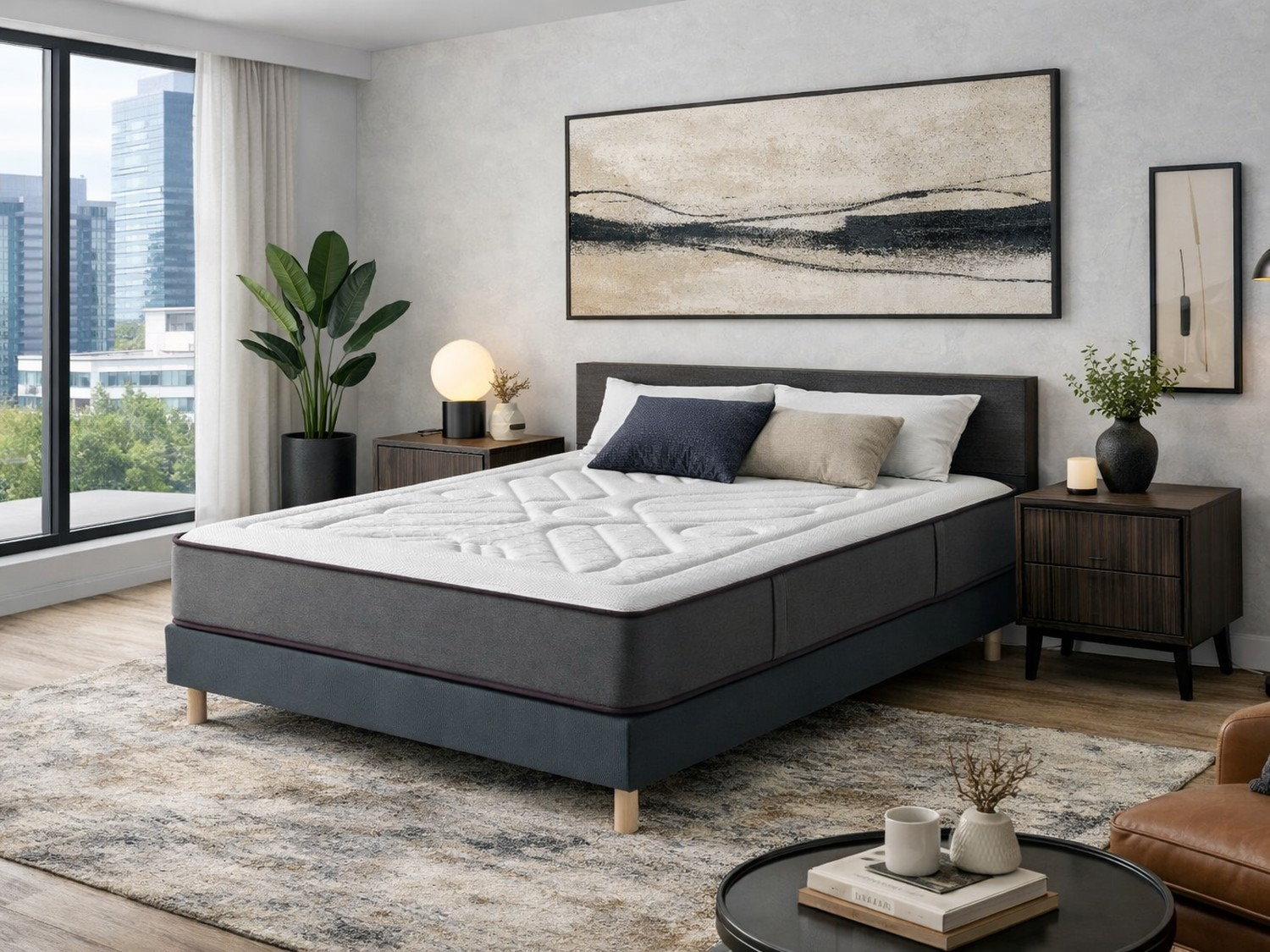 Una cama con marco oscuro y colchón blanco en una habitación con ventana grande.