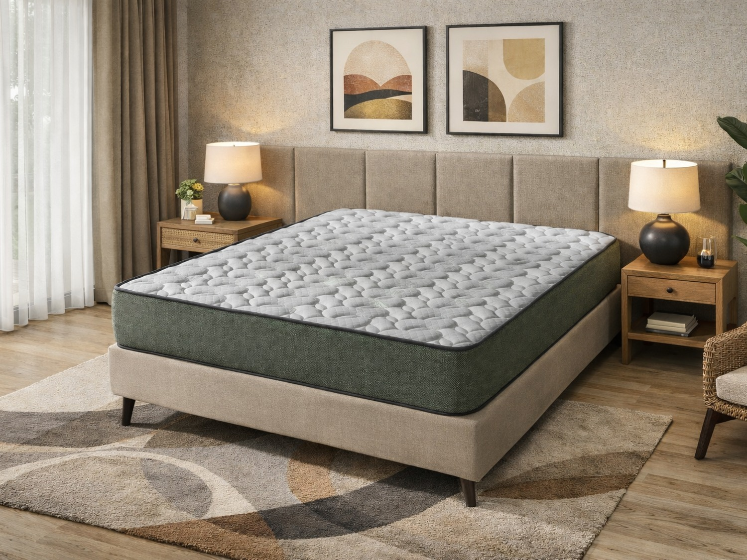 Un colchón verde y gris sobre un somier beige en un dormitorio.