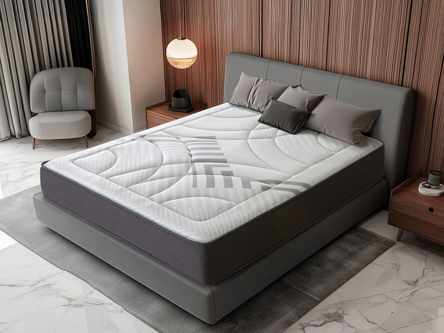 Una cama tapizada gris con colchón y almohadas blancas en una habitación.
