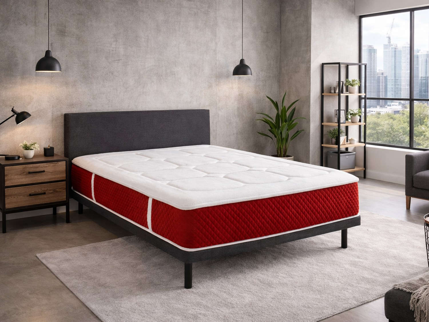 Una cama con borde rojo y parte superior blanca está en un dormitorio.