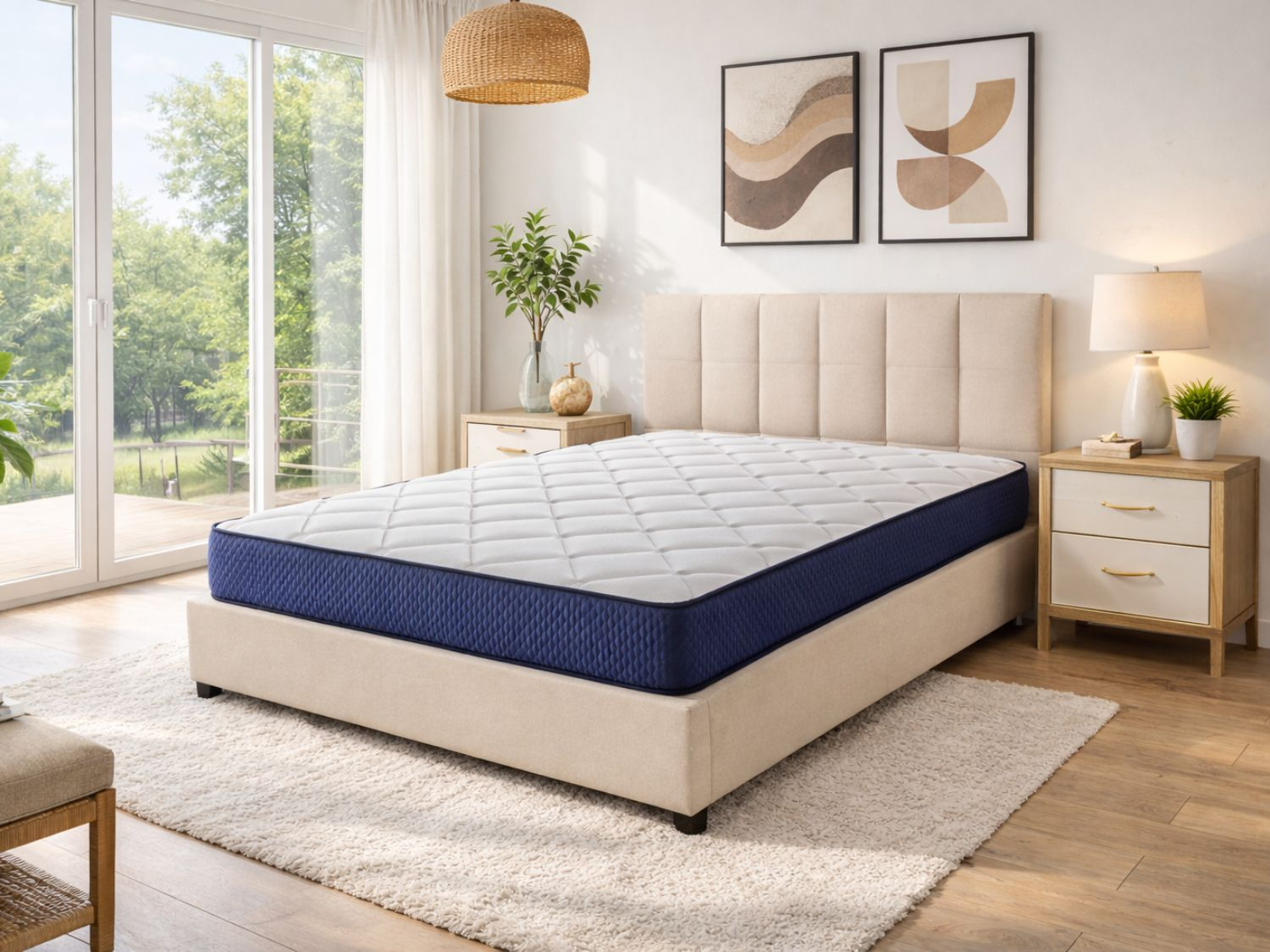 Una cama con colchón azul, mesitas de noche y cuadros en la pared.