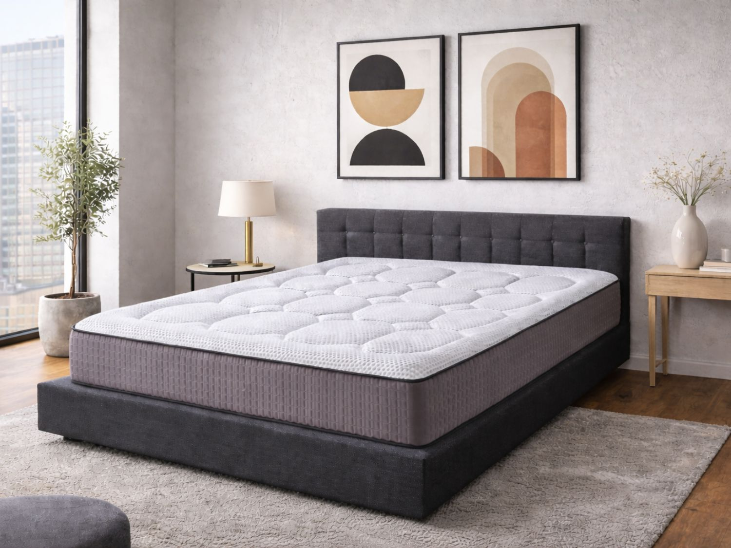 Un colchón blanco y gris sobre un somier gris oscuro en un dormitorio moderno.