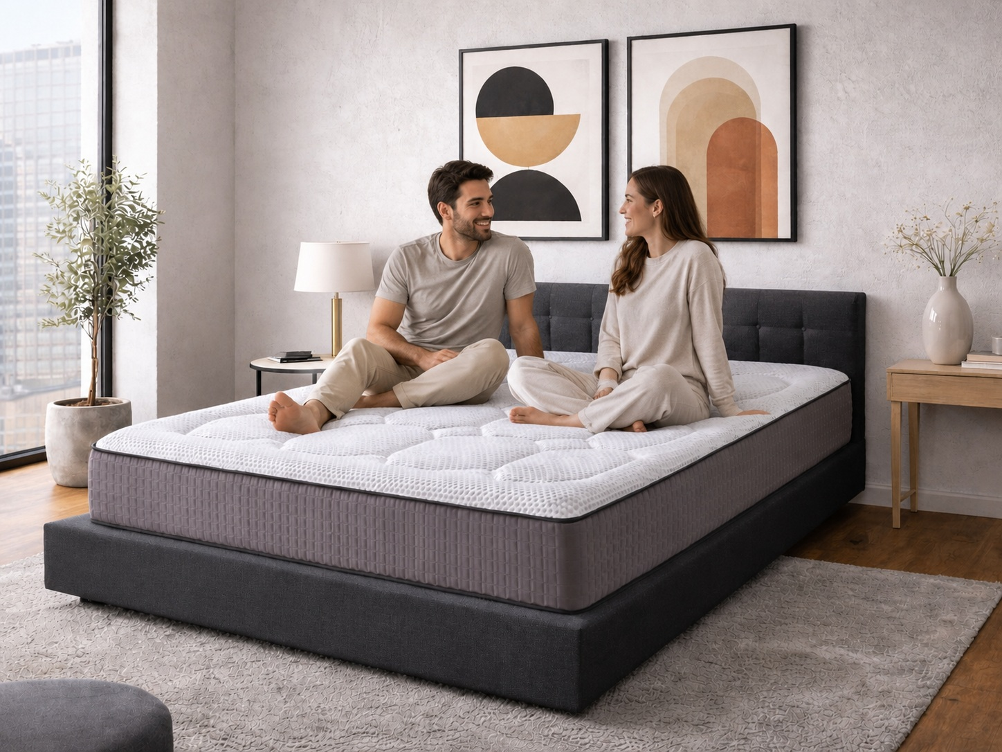 Un hombre y una mujer sentados en una cama en un dormitorio elegante.