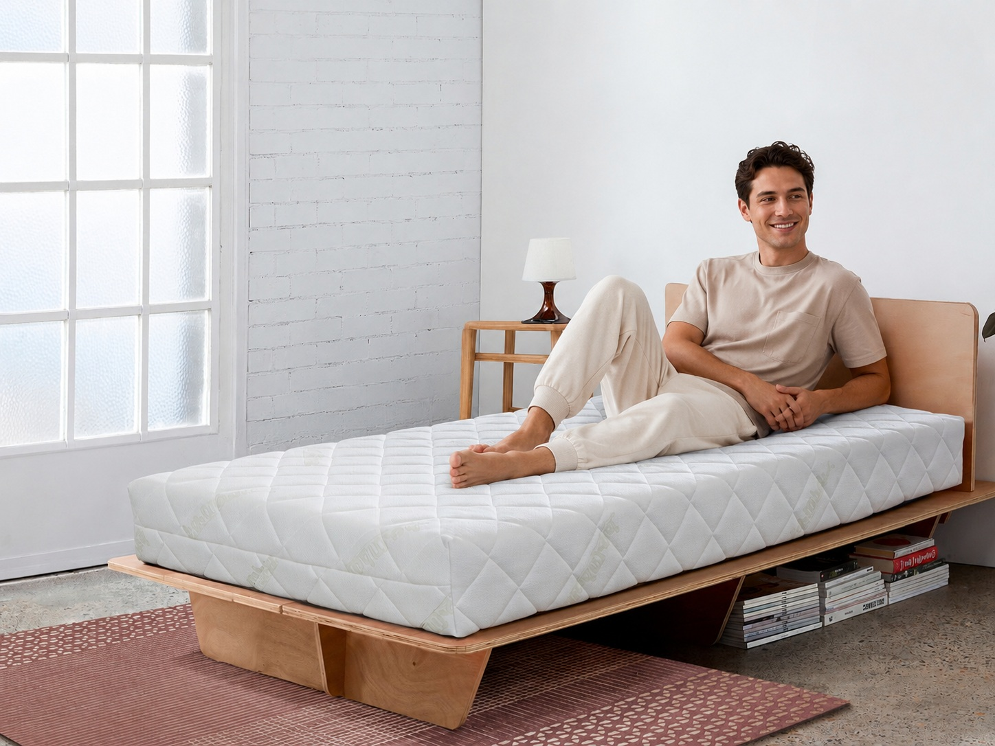 Hombre con ropa beige relajado en colchón blanco sobre base de madera. Libros debajo.