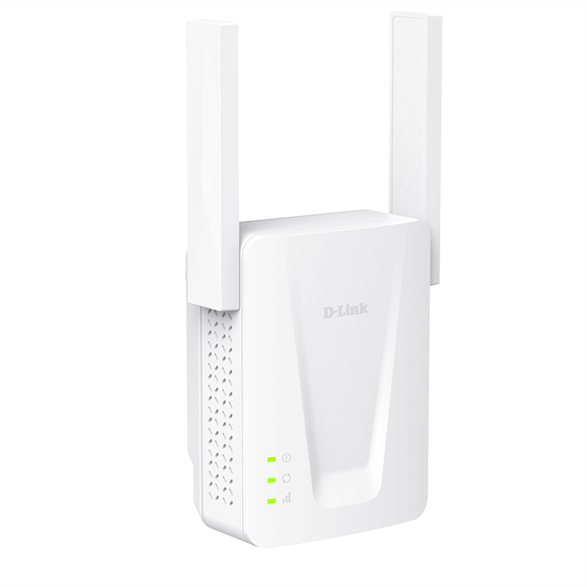 Un ripetitore Wi-Fi D-Link bianco con due antenne e indicatori LED verdi.