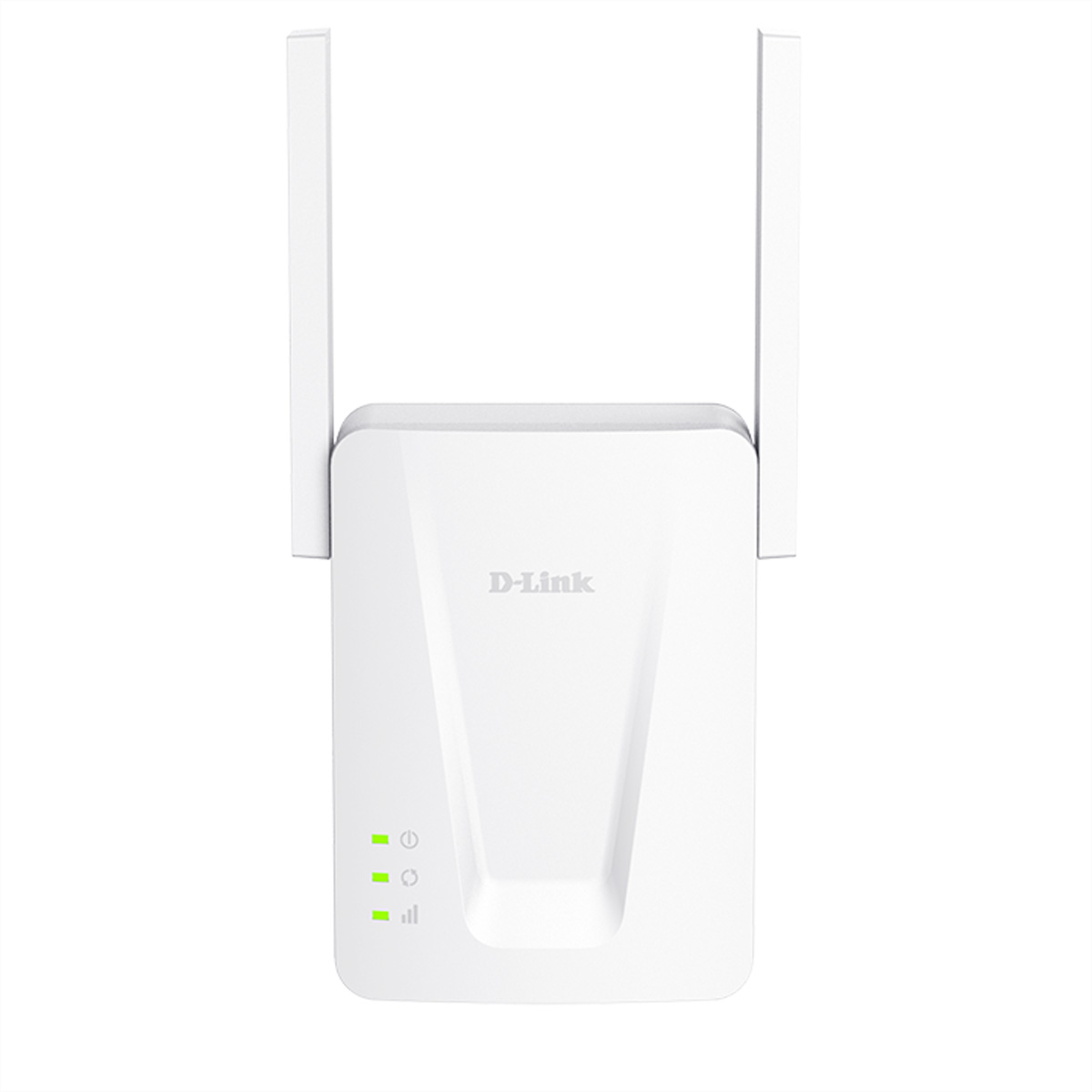 Un ripetitore Wi-Fi bianco D-Link con due antenne e luci LED verdi.