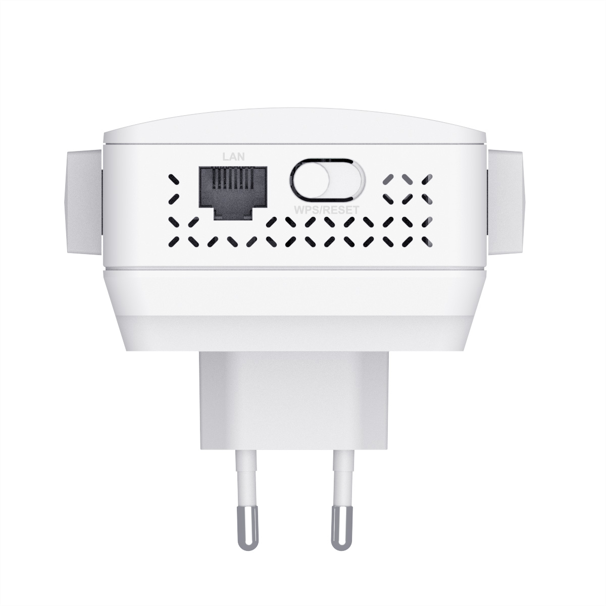 Ripetitore Wi-Fi bianco con porta LAN e pulsante WPS/Reset.