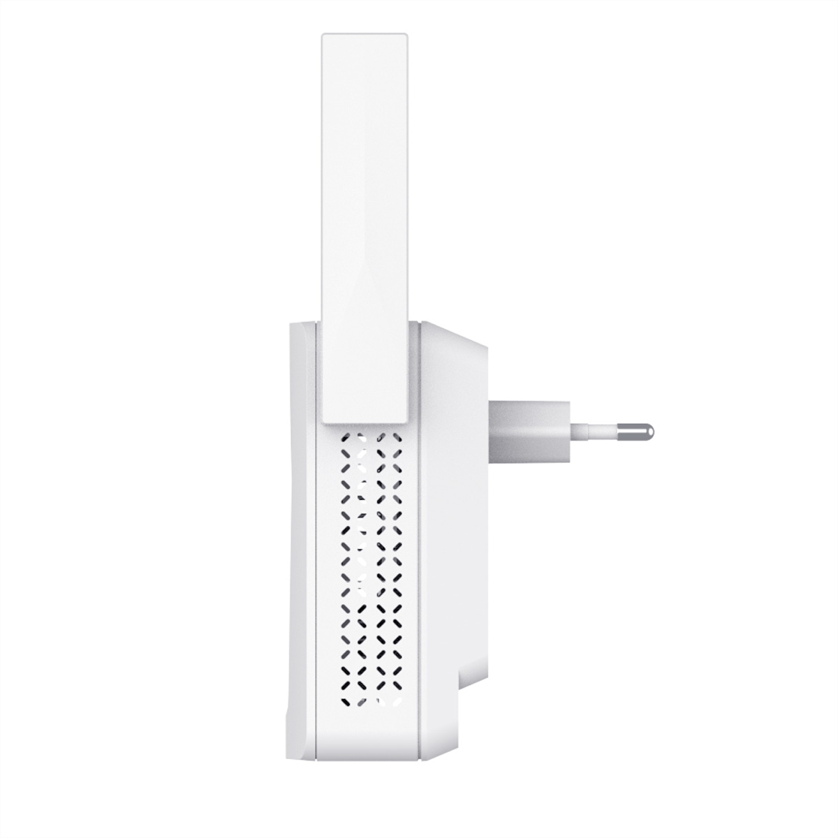 Un ripetitore WiFi bianco con spina e prese d'aria.